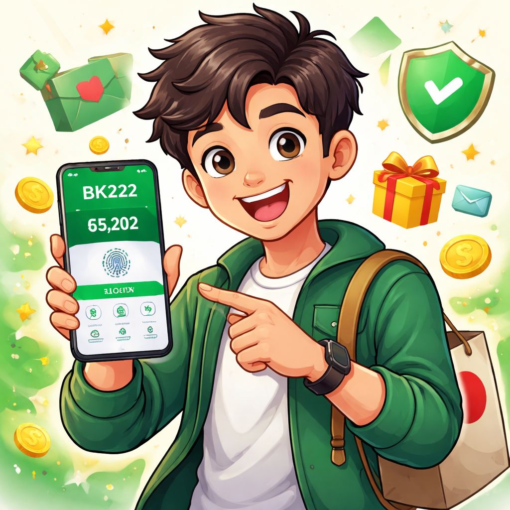 Cartoon mobile app user holding a smartphone with bk222-style icons and reward elements