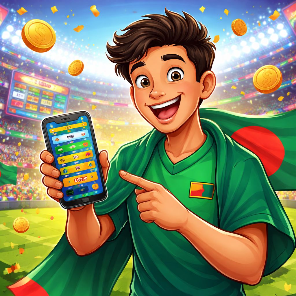 Cartoon cricket fan using a mobile betting app with stadium lights and coins
