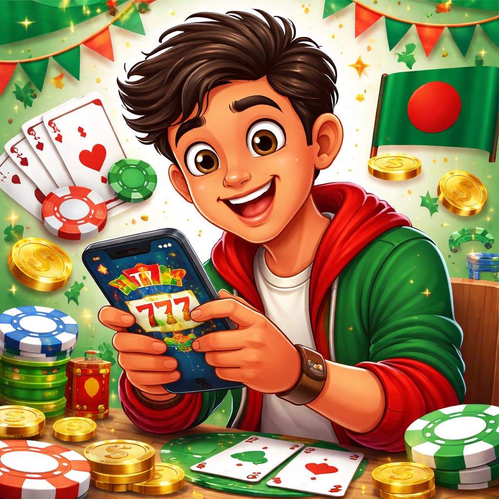 bk222 casino cartoon player with chips, cards, and mobile gaming screen