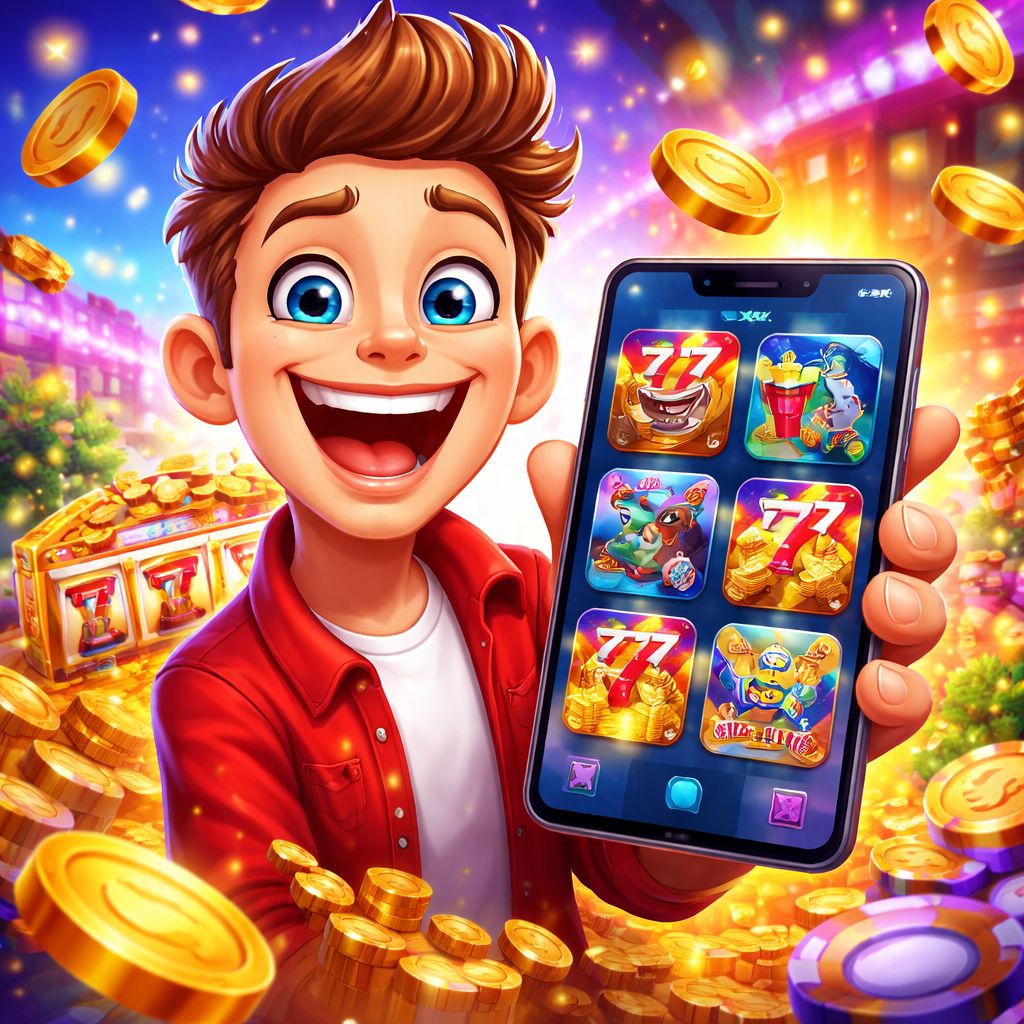 Cartoon bk222 player holding a smartphone with coins and colorful game icons