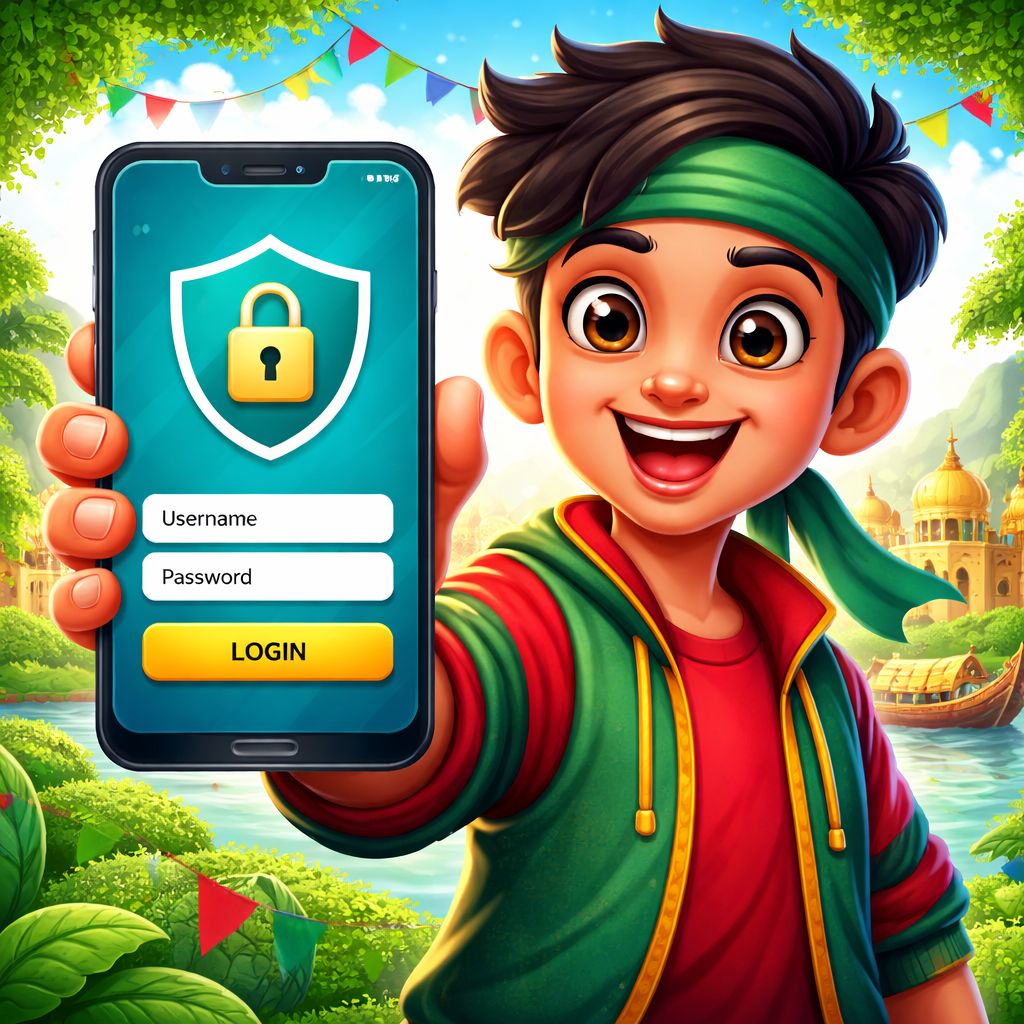 Cartoon mobile gamer securely signing in to bk222 with a smartphone and shield icon