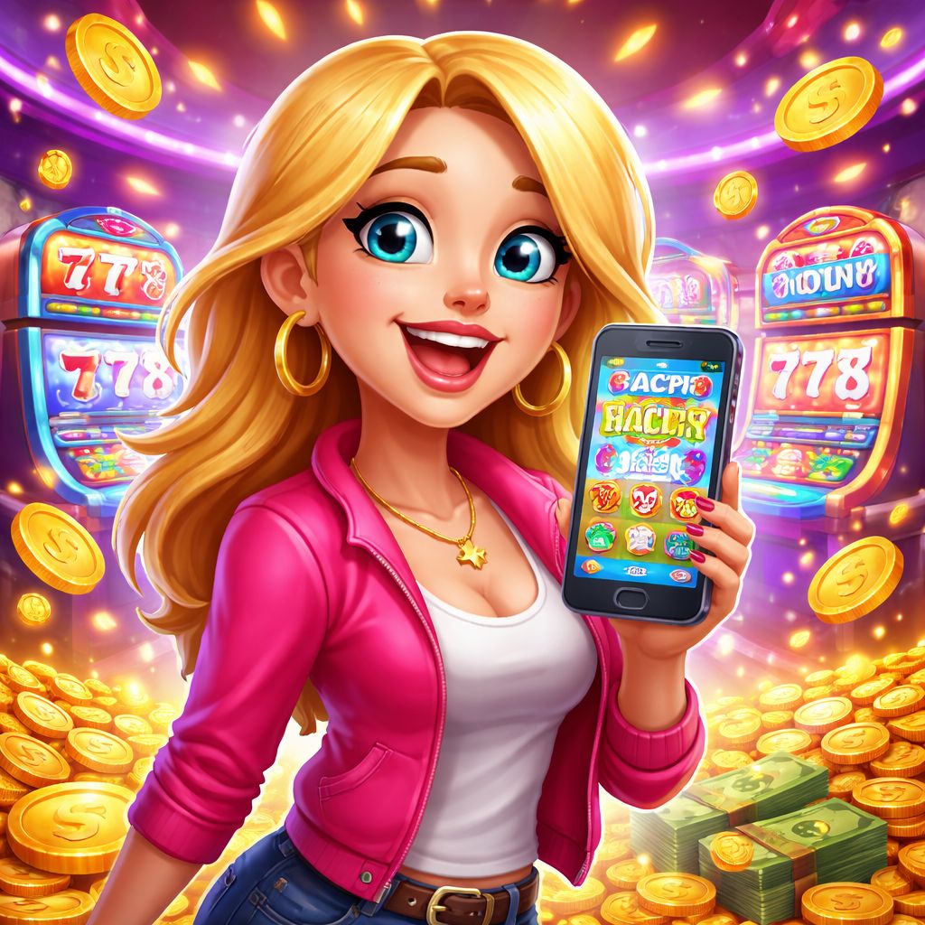 Cartoon slot player celebrating a bright reel win with coins and colorful game symbols